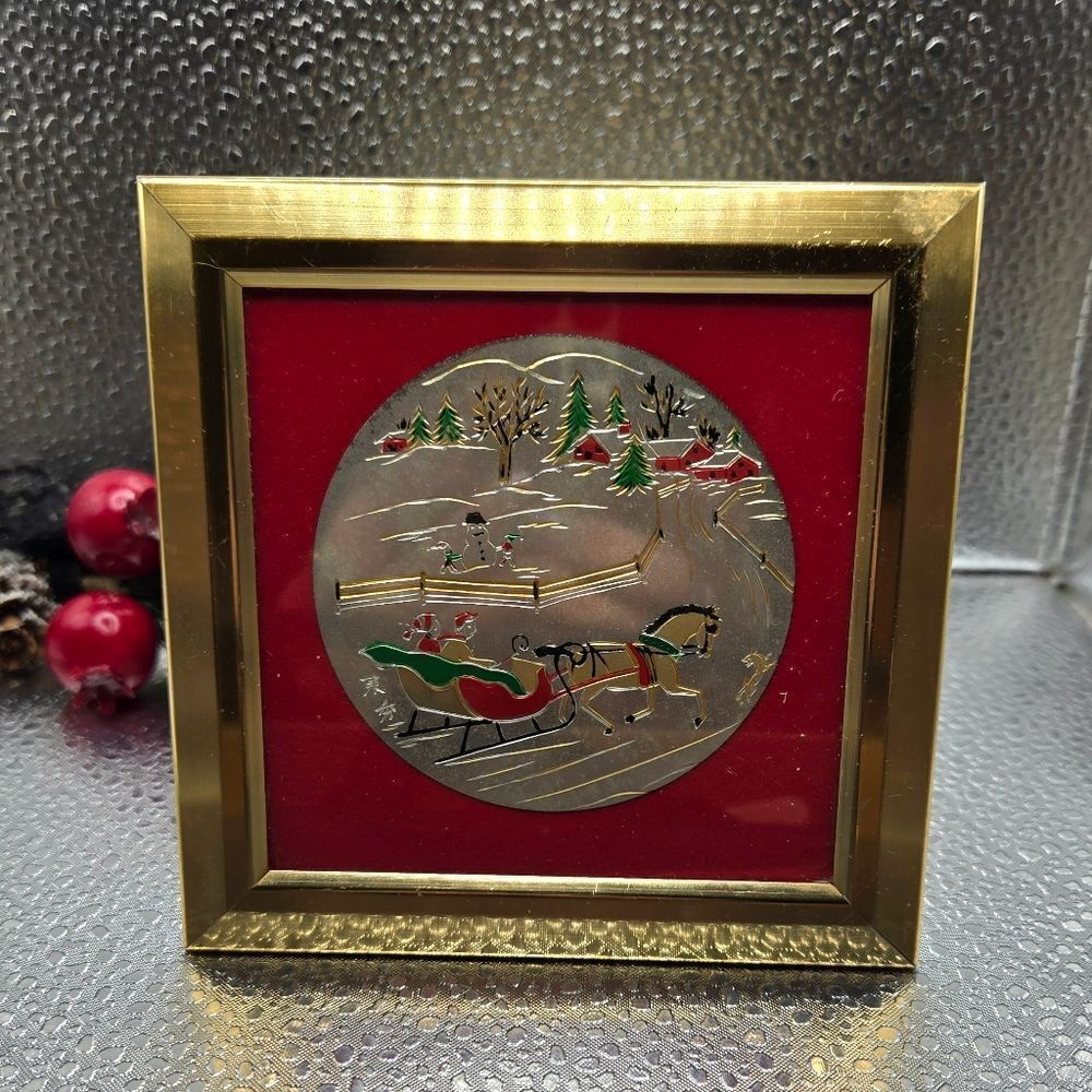 "5/$25" Vintage Himark Japan Gold Framed Christmas Sleight Ride Freestanding Art